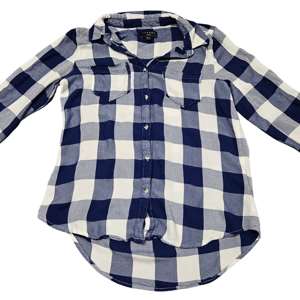 Tinsel Plaid Button Up Shirt Small Navy Blue White Lightweight Casual Minimalist